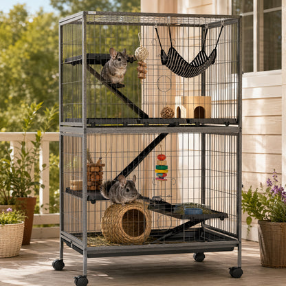 Small Animal Cage for Chinchilla Ferret Kitten on Wheels with Hammock Removable Tray, Grey