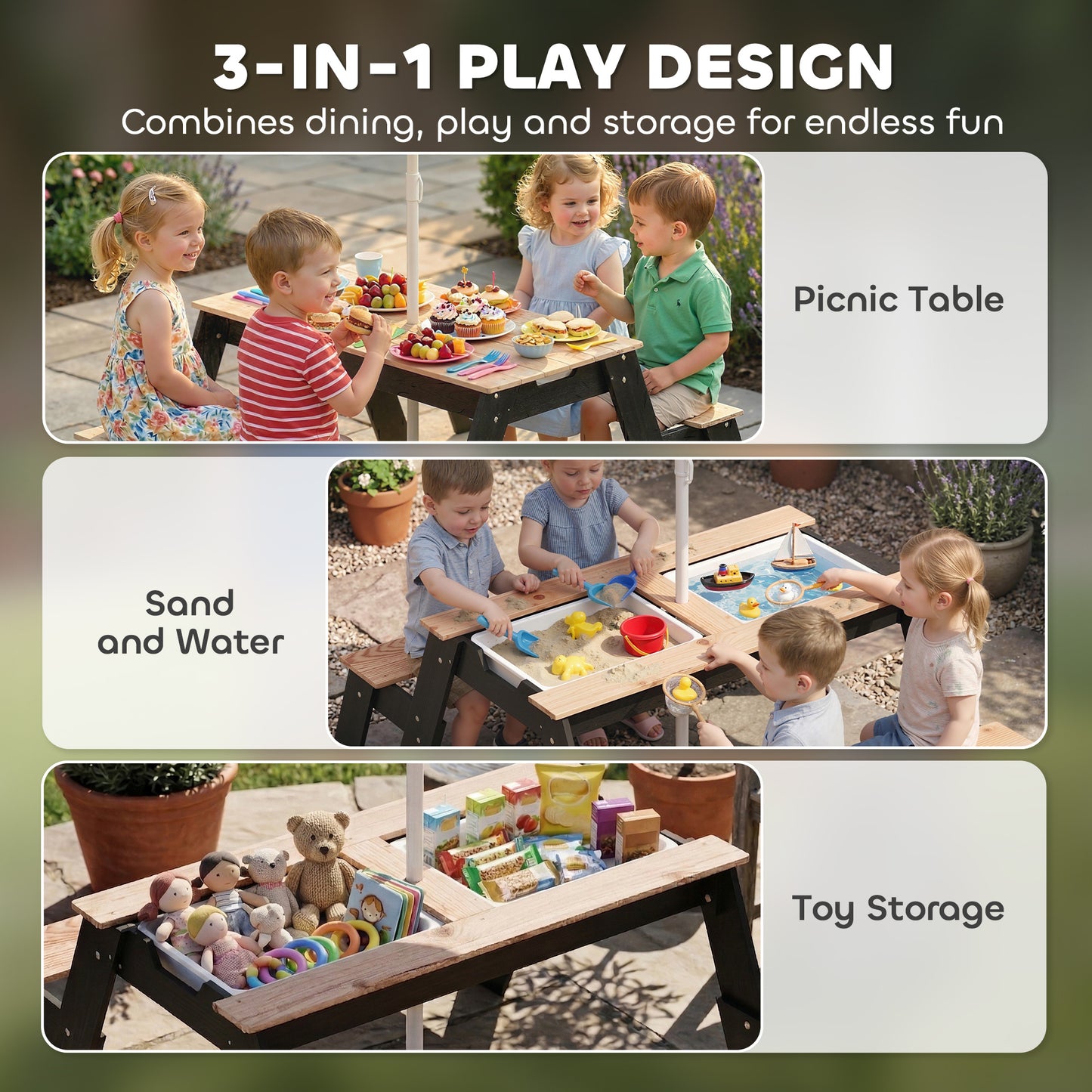 Kids Garden Furniture with Parasol, 3 in 1 Wooden Sand and Water Table with 2 Hidden Play Boxes for Patio, Ages 3-6