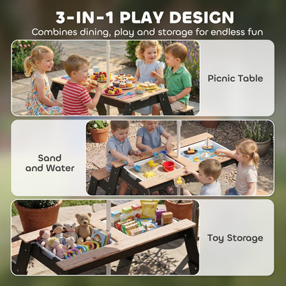 Kids Garden Furniture with Parasol, 3 in 1 Wooden Sand and Water Table with 2 Hidden Play Boxes for Patio, Ages 3-6