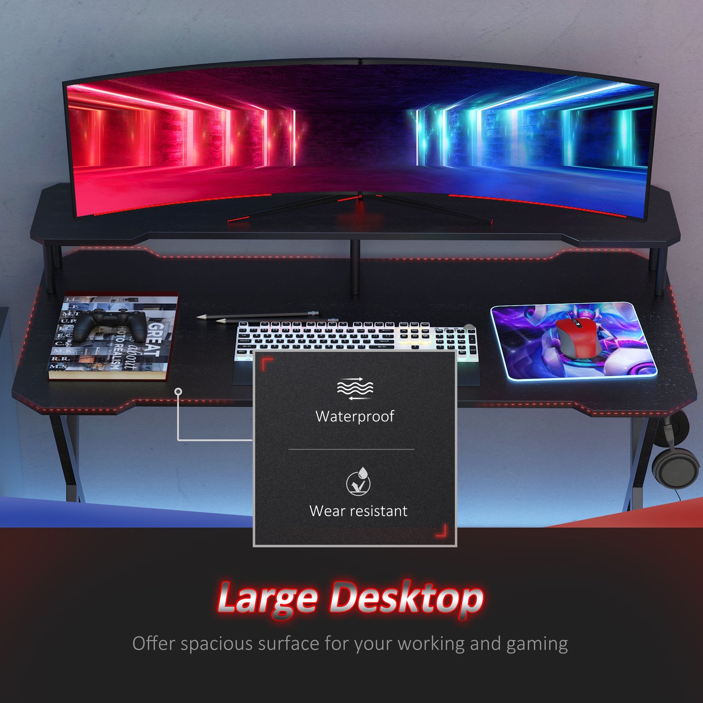 Gaming Desk Writing Racing Computer Table Workstation with Headphone Hook Curved Front Adjustable Feet for Home Office Use 14