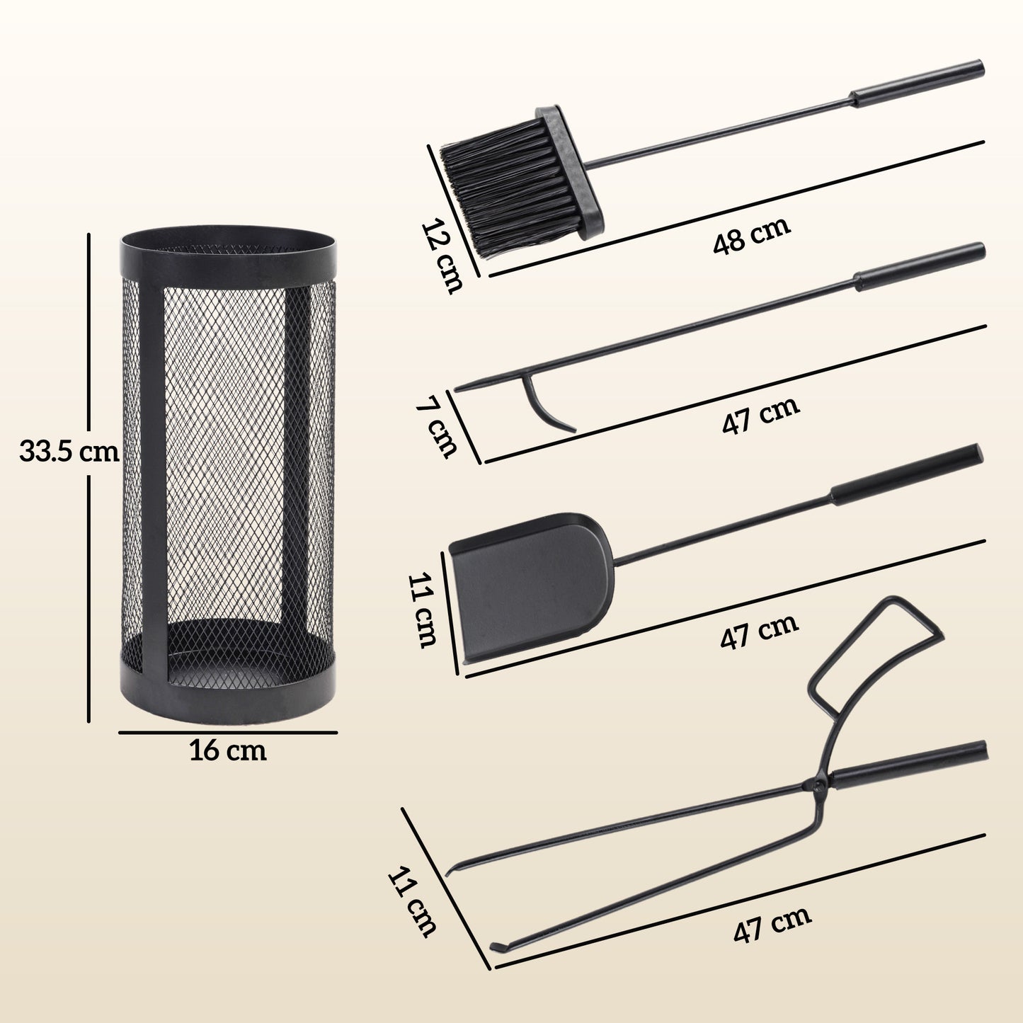 5-Piece Fireplace Tools Set with Mesh Basket, Indoor Outdoor Fireside Accessories for Fireplaces, Fire Pits, Black
