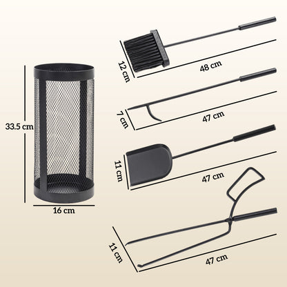 5-Piece Fireplace Tools Set with Mesh Basket, Indoor Outdoor Fireside Accessories for Fireplaces, Fire Pits, Black