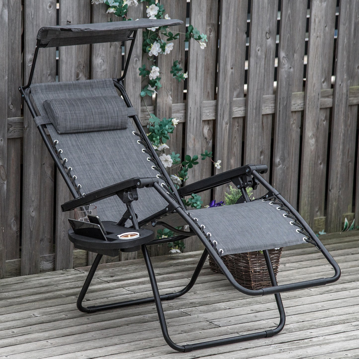 Foldable Reclining Garden Chair with Headrest, Zero Gravity Deck Sun Lounger Seat Chair with Footrest, Armrest