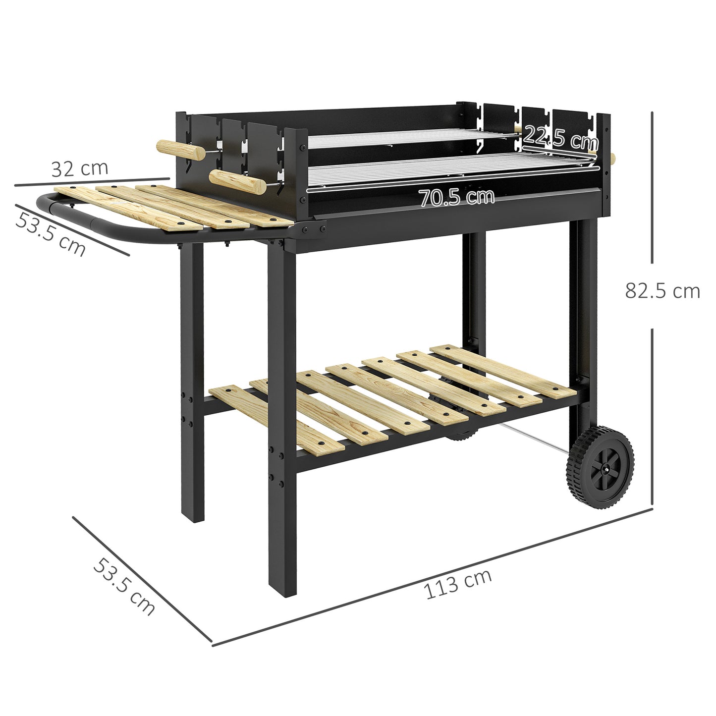 Charcoal BBQ Grill, Barbecue Trolley with Double Adjustable Grill, Side Table