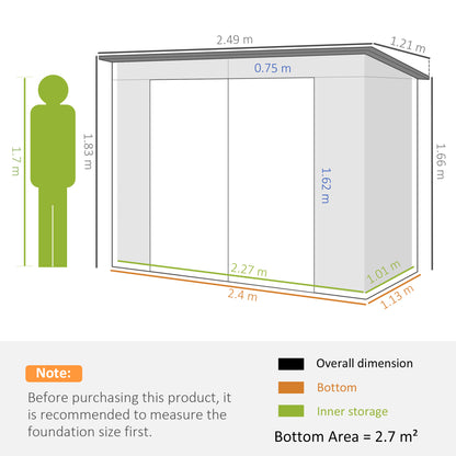 3.7 x 7.9ft Galvanised Steel Shed, with Latched Door and Padlock - Light Grey