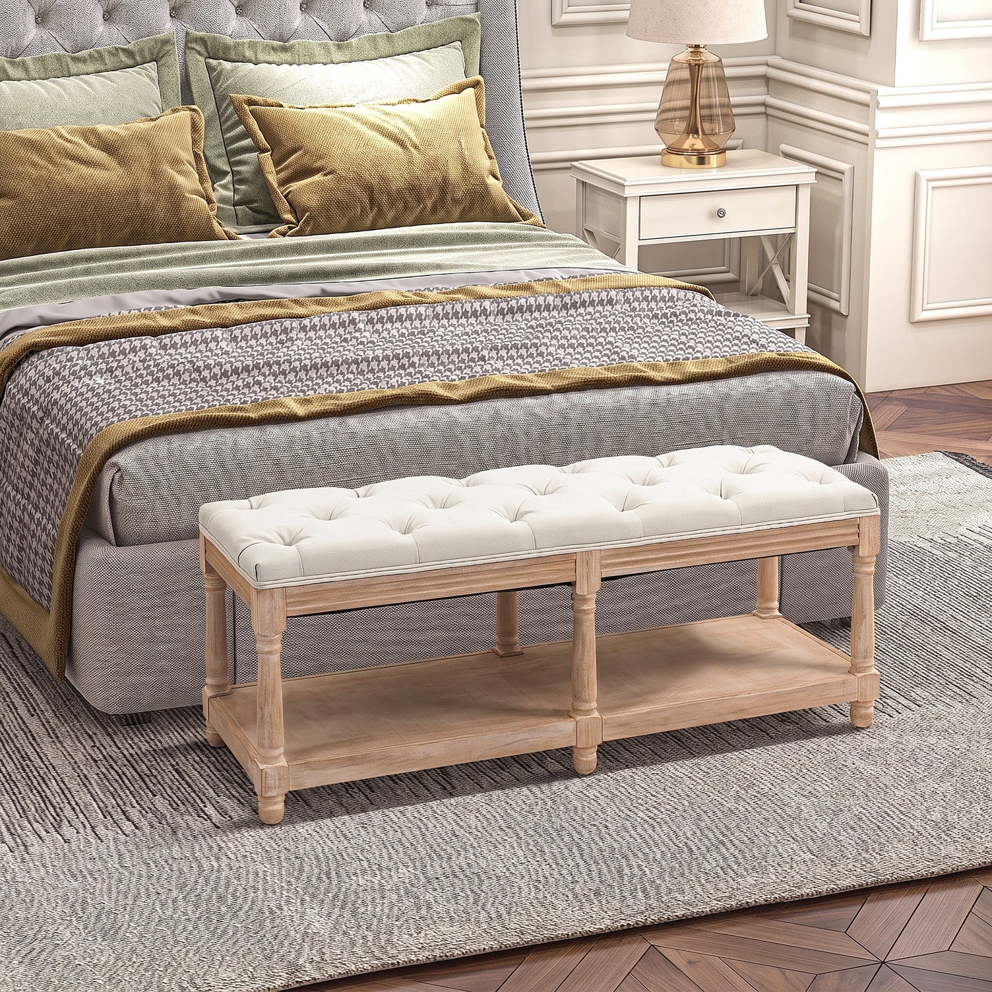 2-Tier Bed End Bench, Vintage Stool, Wooden Window Seat with Storage Shelf