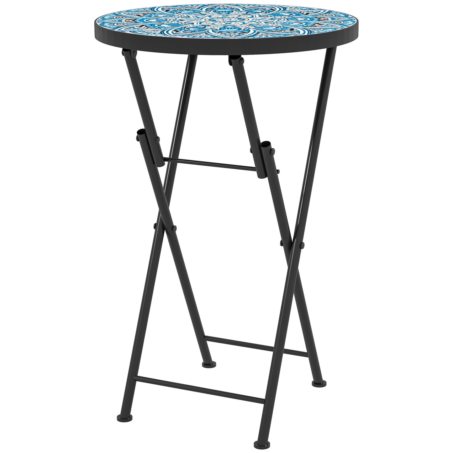 Mosaic Outdoor Garden Table, 35.5cm Round Folding Coffee Table with Metal Frame for Balcony Terrace, Blue