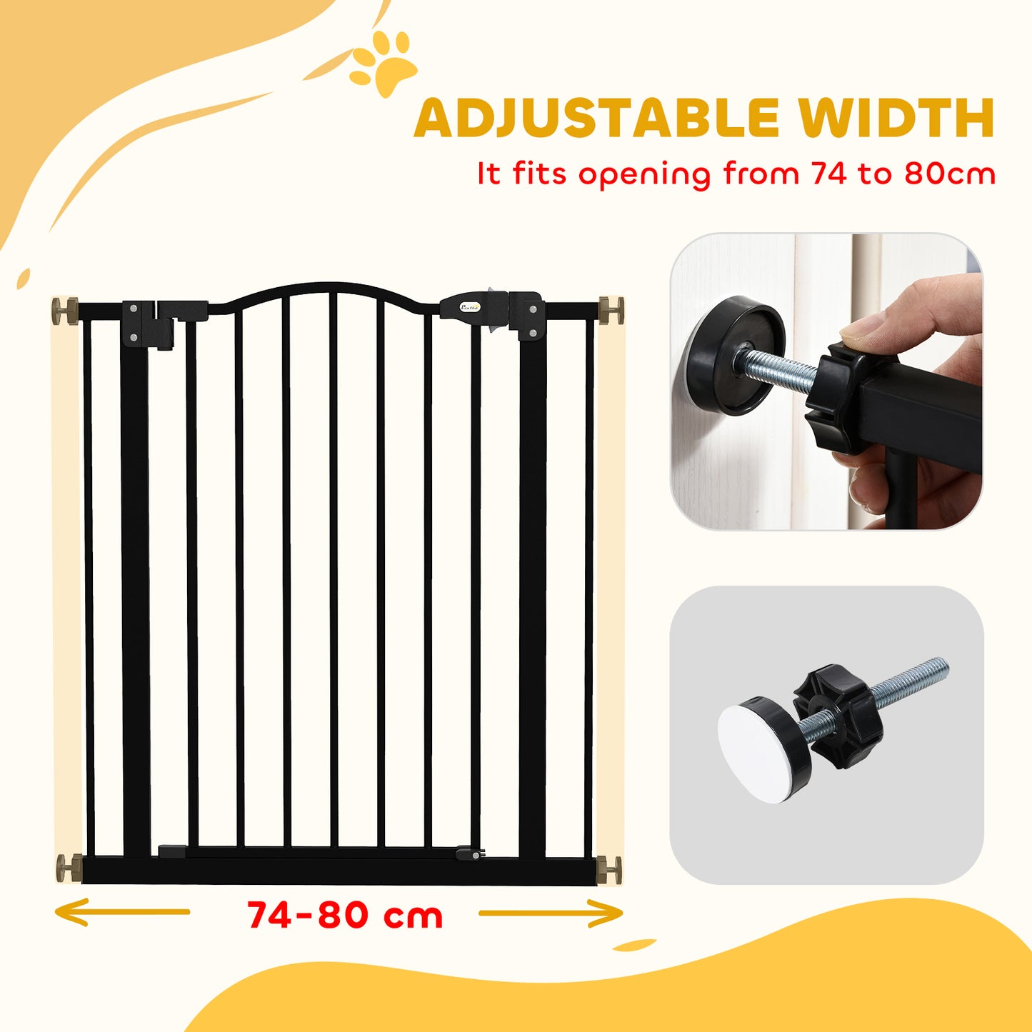 Metal 74-80cm Adjustable Pet Gate Safety Barrier w/ Auto-Close Door Black