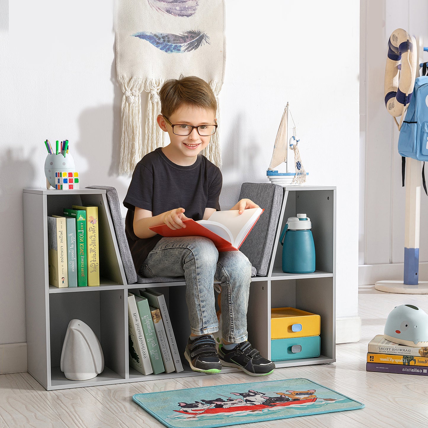 Kids Bookcase Shelf Storage Cabinet Unit, Living Room Sideboard w/ Six Compartments for Toys, Books - Grey