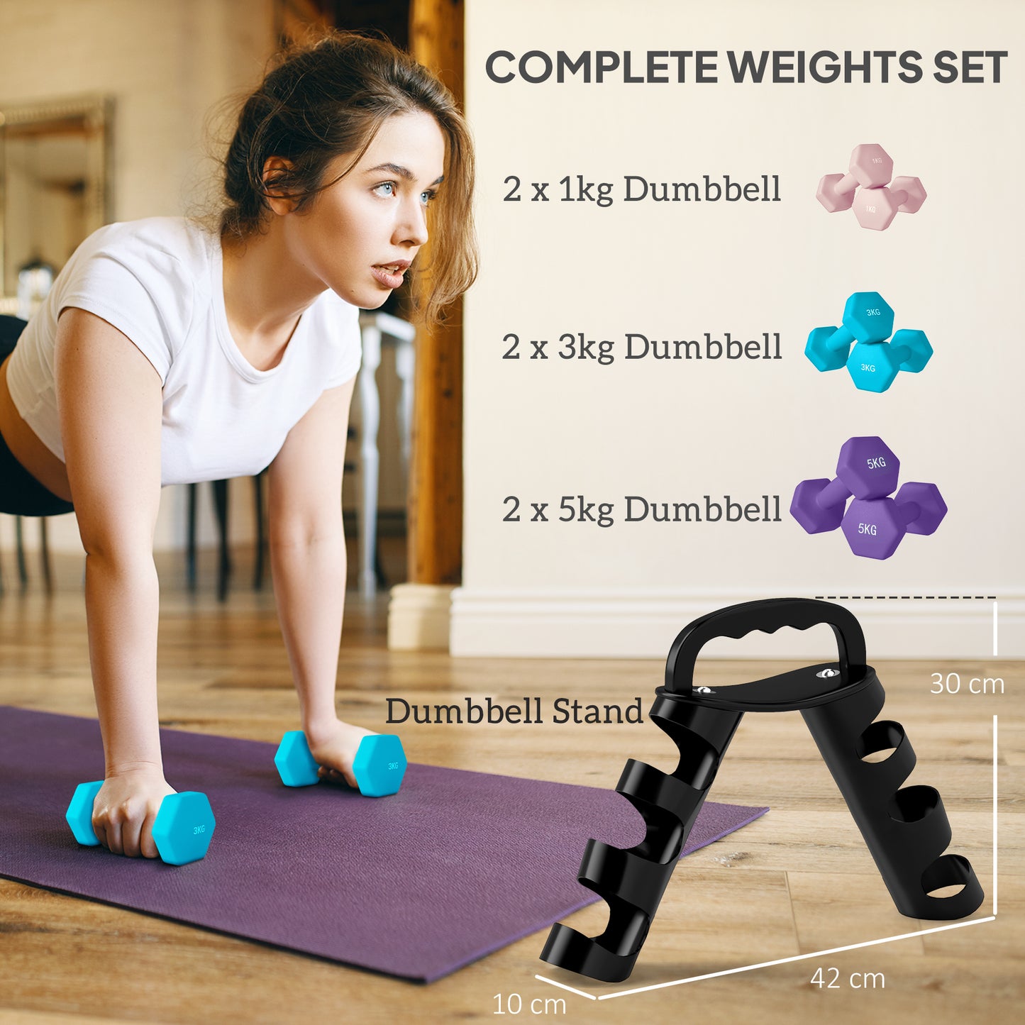 Dumbbells Set with Storage Rack, 2 x 1kg, 2 x 3kg, 2 x 5kg, Pink