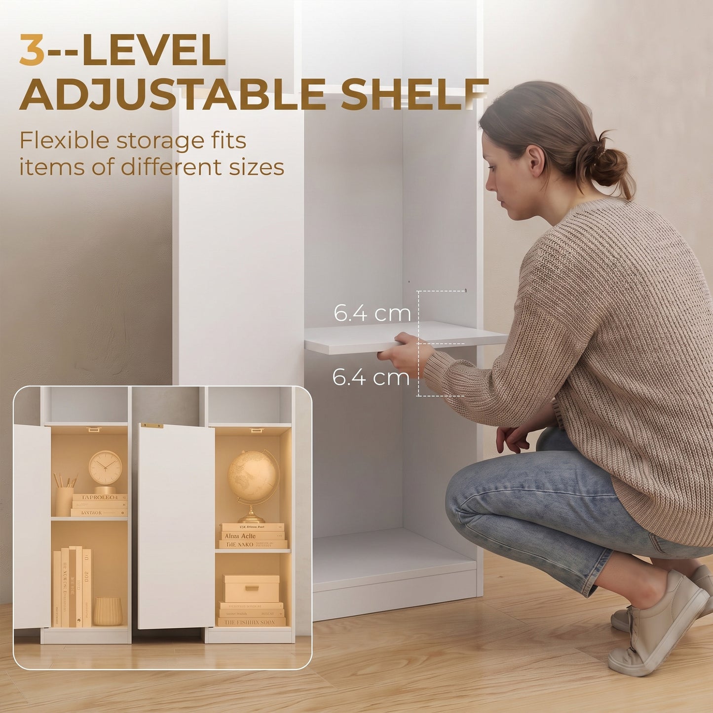 Bookcase Adjustable Shelf Bookshelf Anti-Tip Hardware 6-Tier Storage Cabinet White Wood Effect