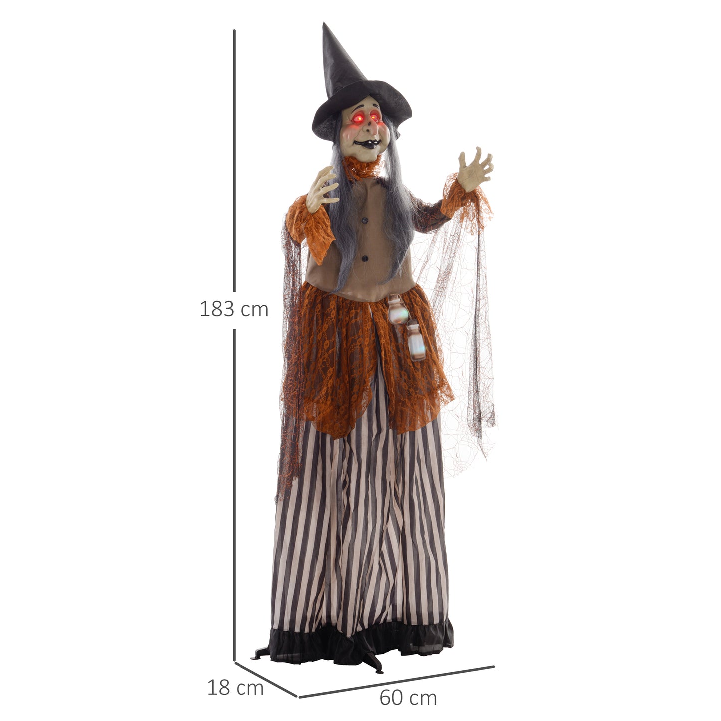 183 cm Life Size Halloween Animated Standing Fat-Faced Witch with Red Light Up Eyes, Sound Activated Moving Arms & Head