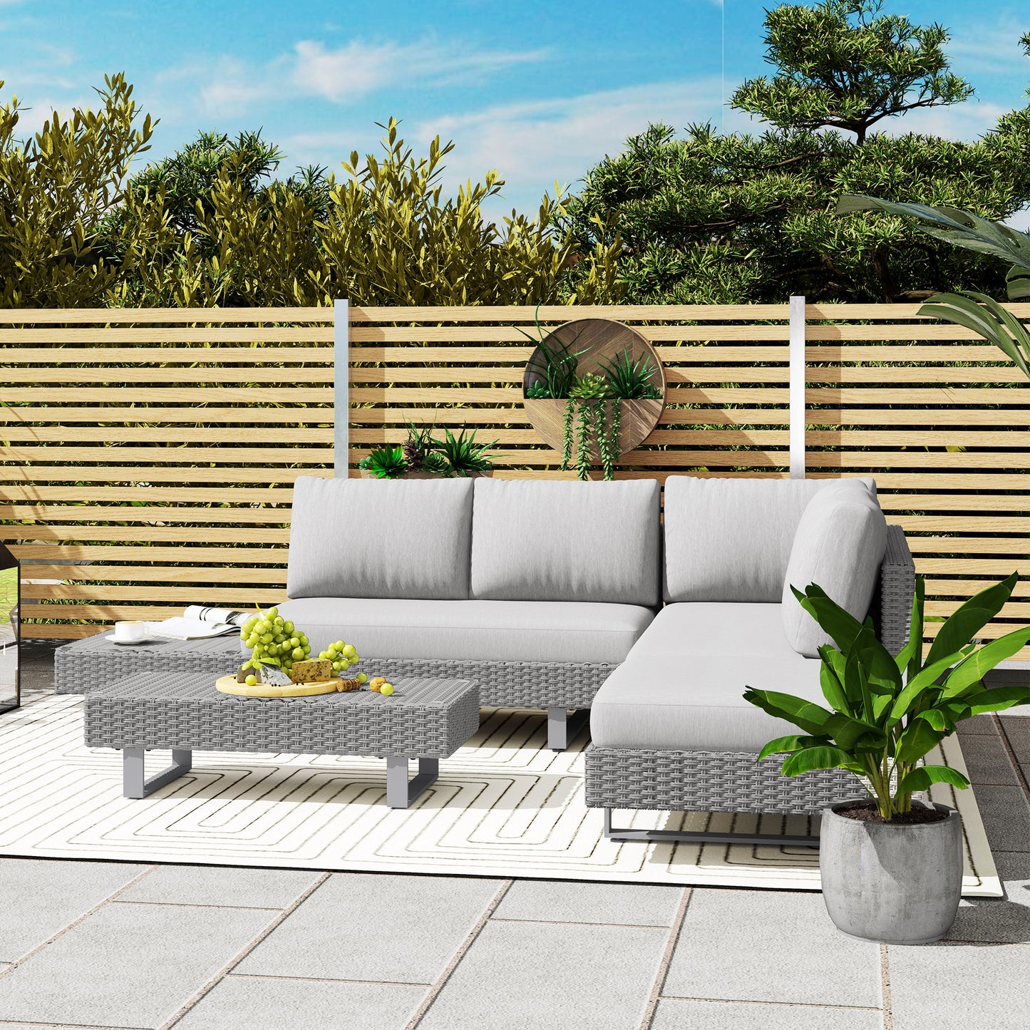Three-Piece Rattan Sofa Set, with Cushions - Light Grey