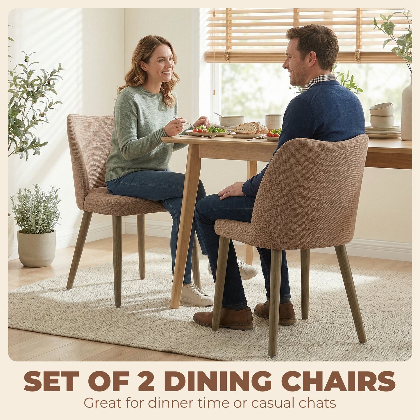 Dining Chairs Set of 2, Linen Upholstered Kitchen Chairs with Padded Seat, Curved Backrest, Rubberwood Legs, Brown