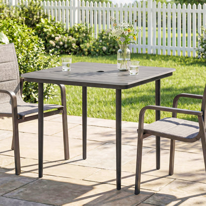 Garden Dining Table for 4, 85 cm Square Outdoor Table with Umbrella Hole, Faux Wood Top, Metal Legs, Light Grey