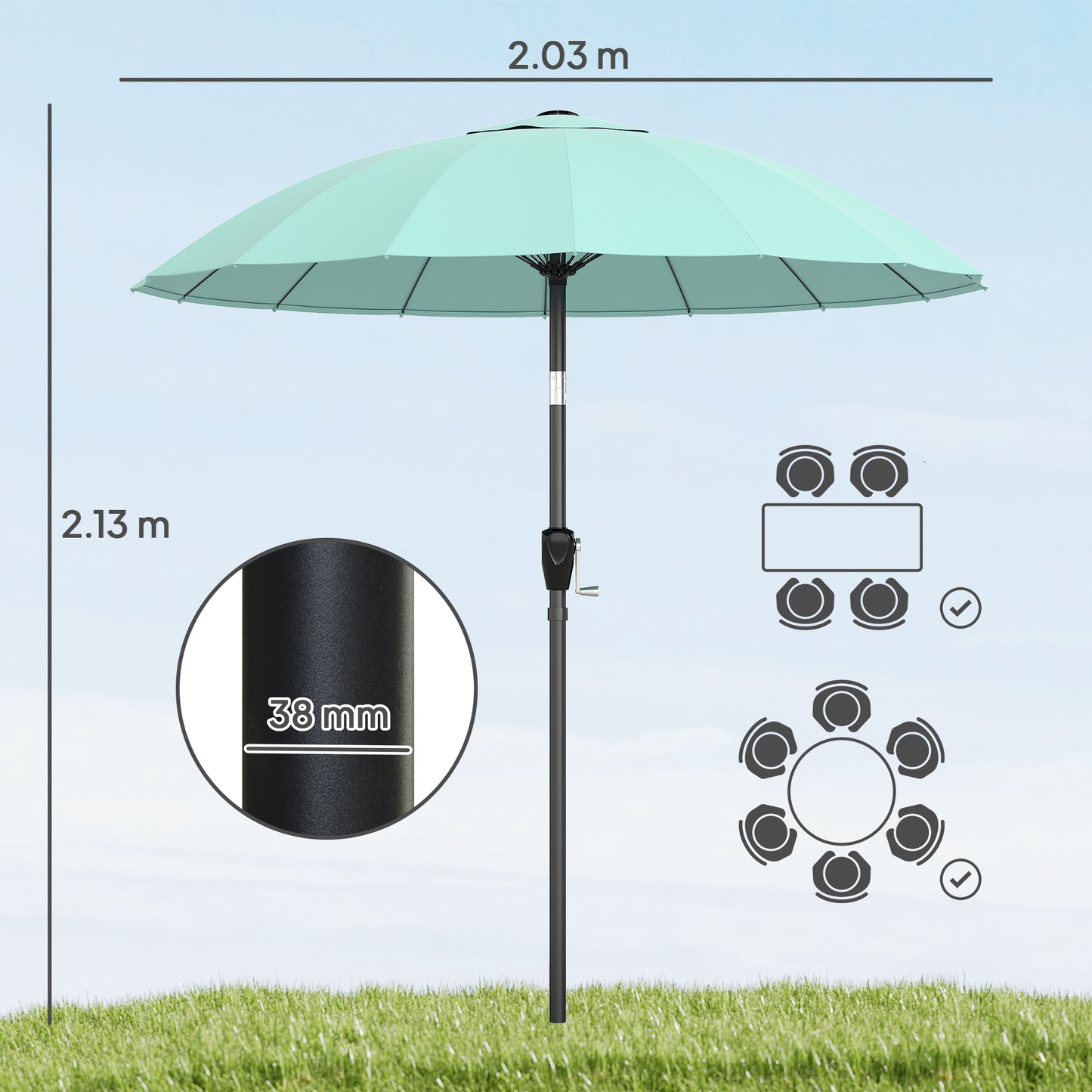 2 m Shanghai Garden Parasol Umbrella with 16 Fibreglass Ribs, Outdoor Parasol Sun Shade with Crank & Tilt, Turquoise