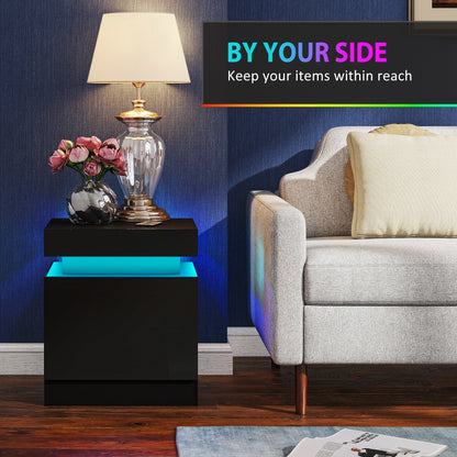 Black Bedside Table with LED Light, High Gloss Front Nightstand with 2 Drawers, for Living Room, Bedroom, Set of 2