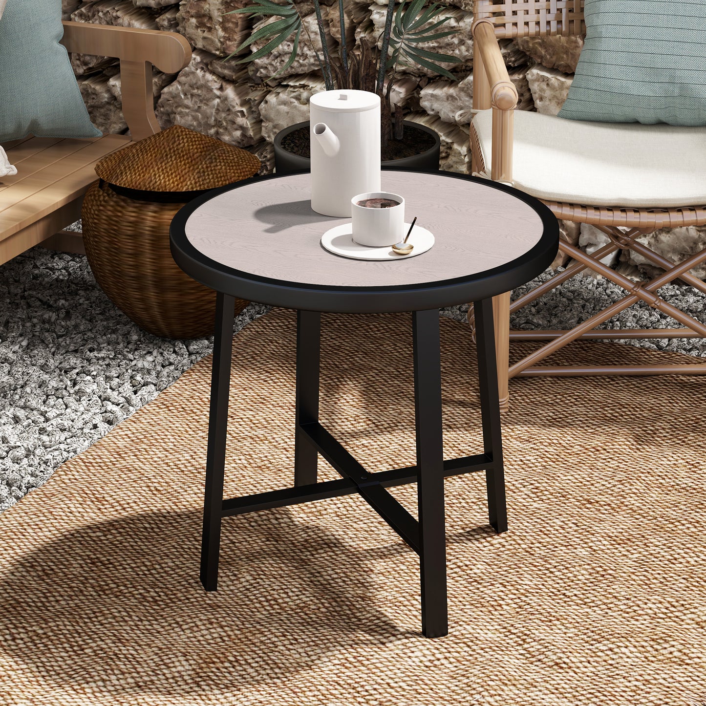 Round Small Garden Table, 50.5cm Outdoor Side Table with SPC Tabletop, Metal Frame and Anti-slip Foot Pads for Garden