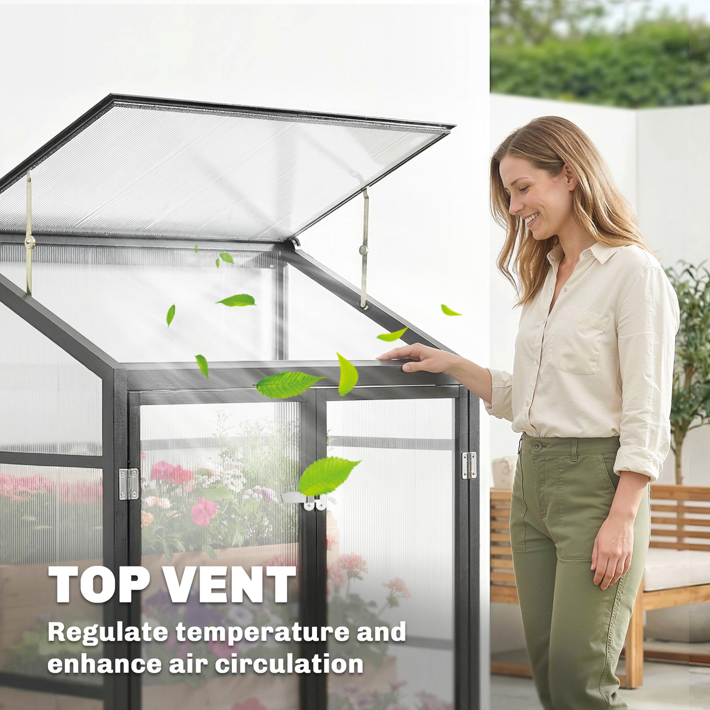 Polycarbonate Greenhouse with Hinged Door, Top Vent, Lean-to Green House, Walk-in Greenhouse, 4 x 2ft, Black