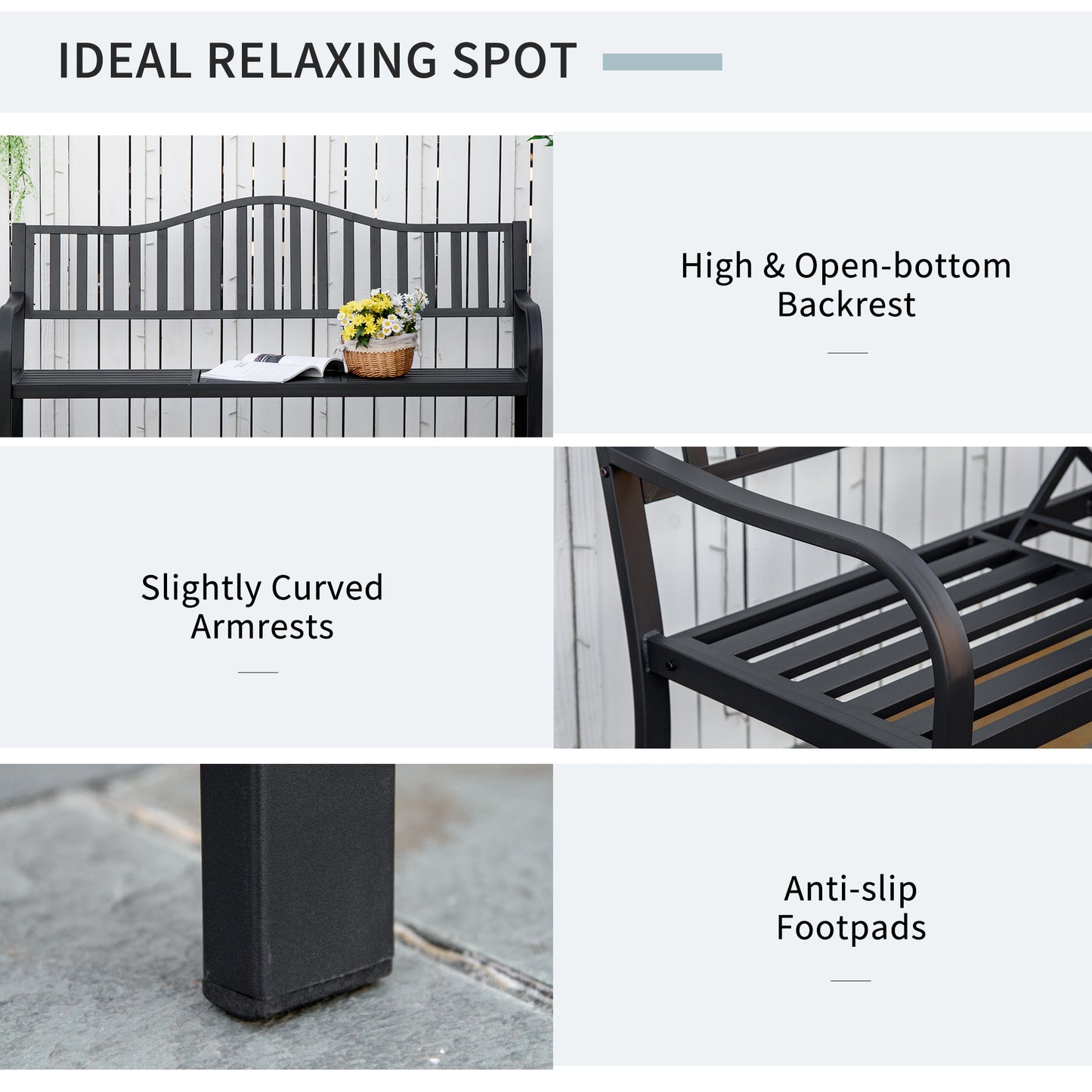 Metal Outdoor Bench with Liftable Middle Table, Patio Loveseat, Garden Bench for Garden, Porch, Seats 2–3 People, Black
