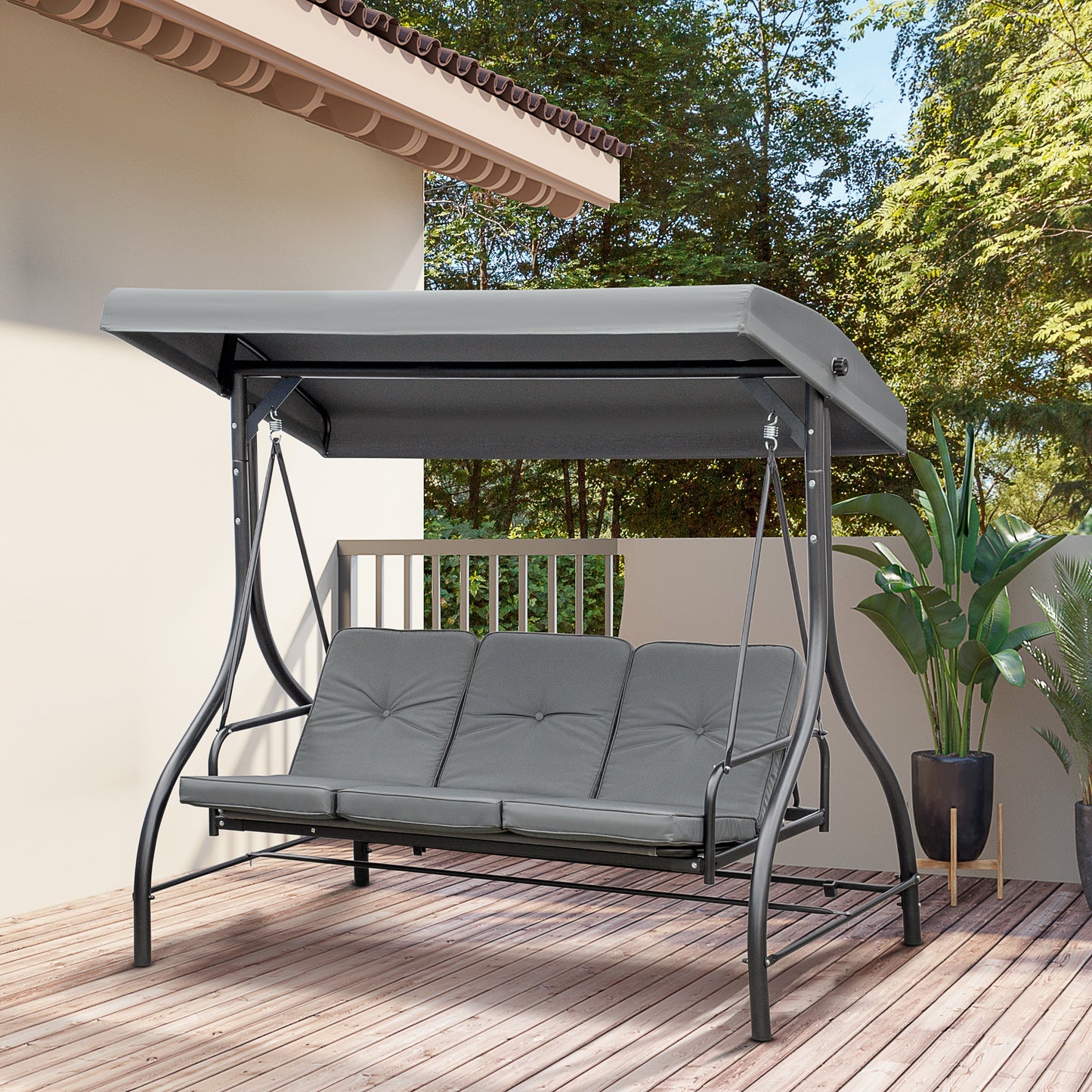 3 Seater Garden Swing Chair, 2 in 1 Convertible Patio Swing Seat Bed with Adjustable Canopy, Cushions and Metal Frame