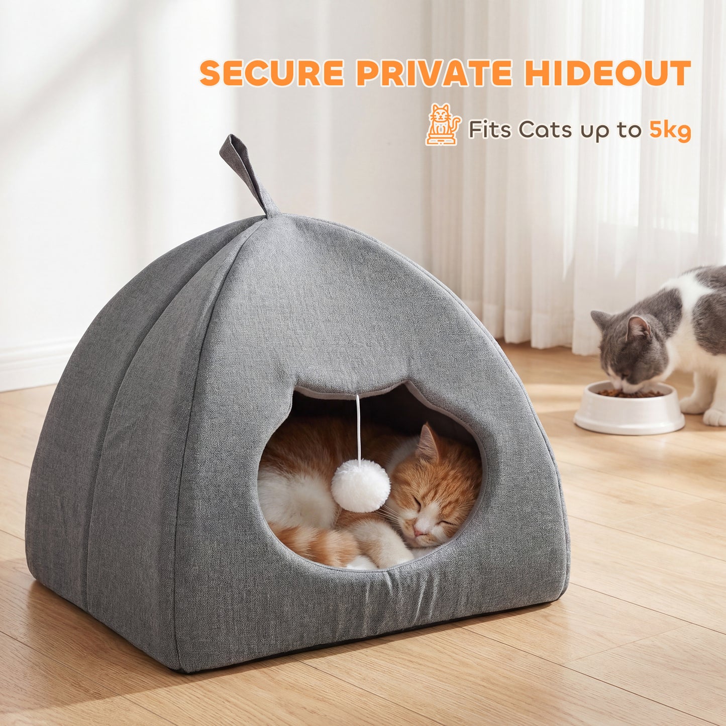 Cat Cave Bed for Indoor Kittens, Cat House with Removable Cushion and Teaser Ball, Kitty Igloo with Anti-Slip Base