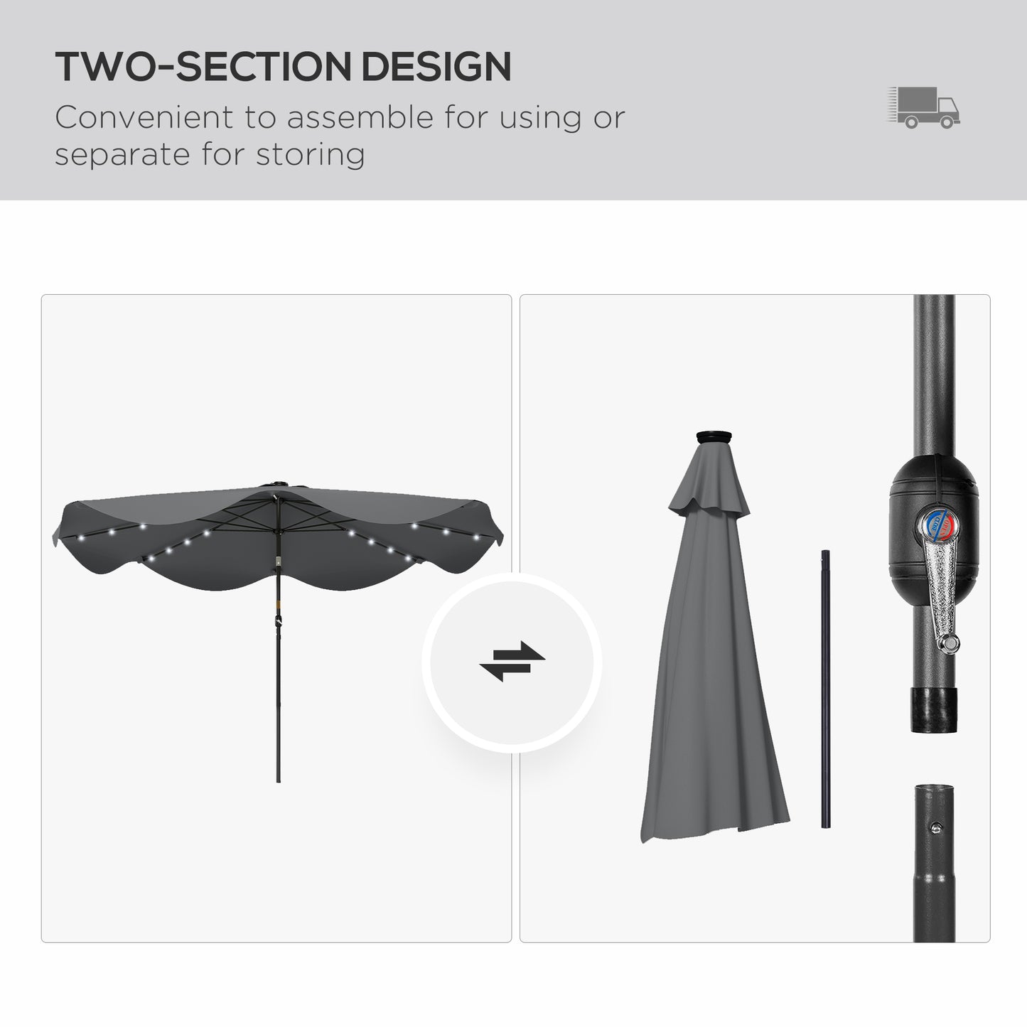 Solar Patio Umbrella with LED and Tilt, Outdoor Market Table Umbrella Parasol with Crank, 3 x 3 (m), Dark Grey