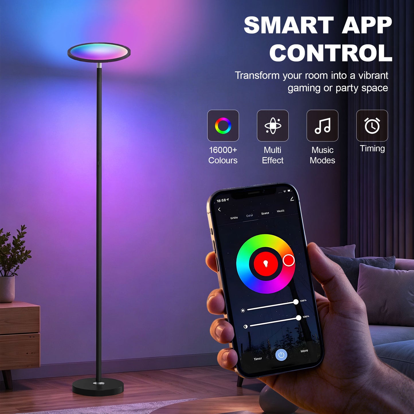 Uplighter Floor Lamp with Tuya App and Music Sync, Standing Lamp with Adjustable Head for Living Room Bedroom, Black