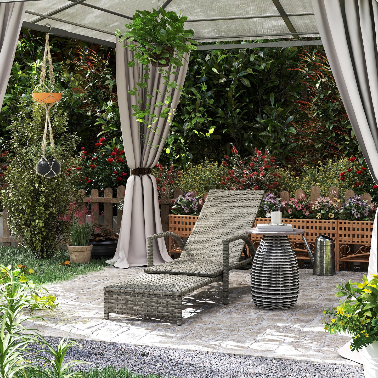 Reclining Rattan Lounger, with Extending Footrest - Grey