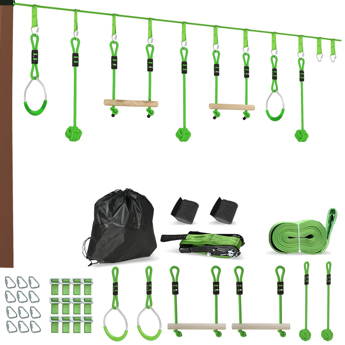 7-Piece Kids Zip Line Kit for Garden, 10m Kids Slackline Kit with Wooden Monkey Bars, Metal Rings, Gripping Balls, Green
