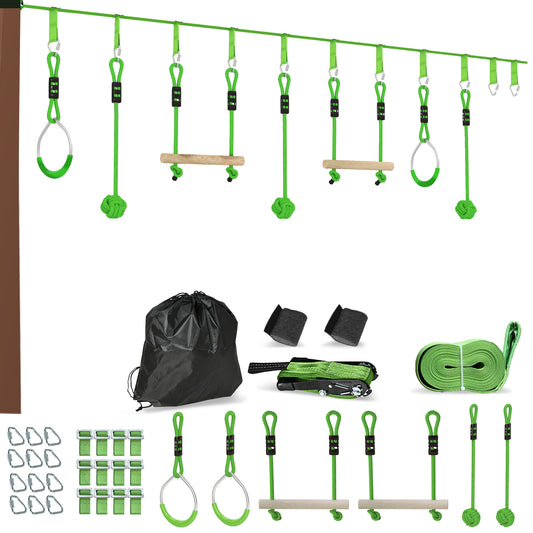 7-Piece Kids Zip Line Kit for Garden, 10m Kids Slackline Kit with Wooden Monkey Bars, Metal Rings, Gripping Balls, Green