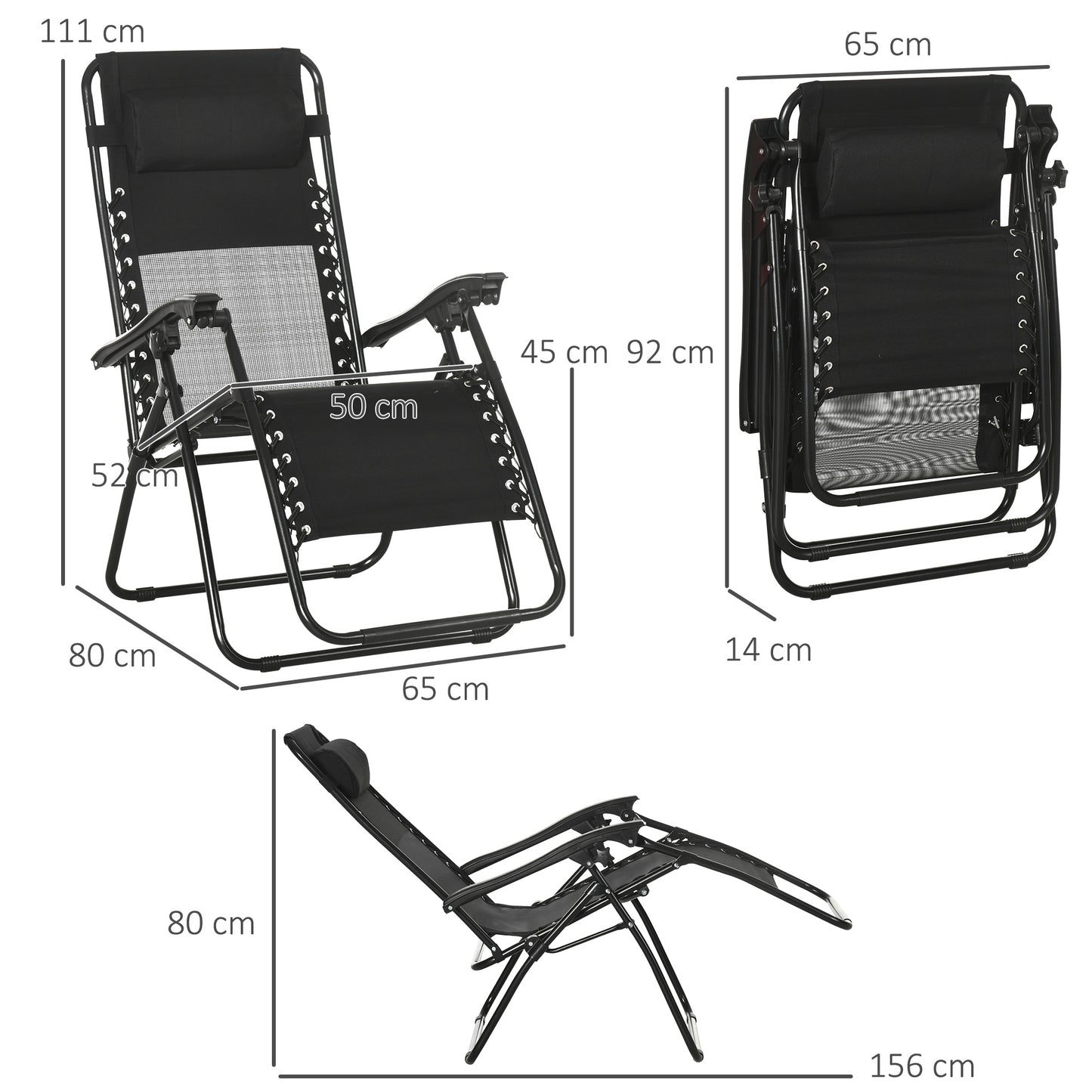 Garden Recliner Chairs Set of 2, Outdoor Foldable Zero Gravity Chairs Set w/ Footstool and Detachable Headrest, Black