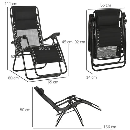 Garden Recliner Chairs Set of 2, Outdoor Foldable Zero Gravity Chairs Set w/ Footstool and Detachable Headrest, Black