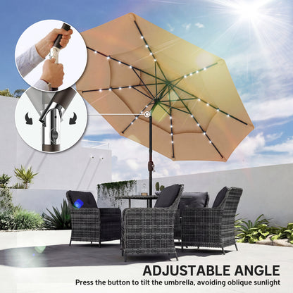 2.8 m Garden Parasol Umbrella with LED Solar Light, Parasol Cover, 3 Tier Outdoor Table Market Patio Umbrella, Khaki
