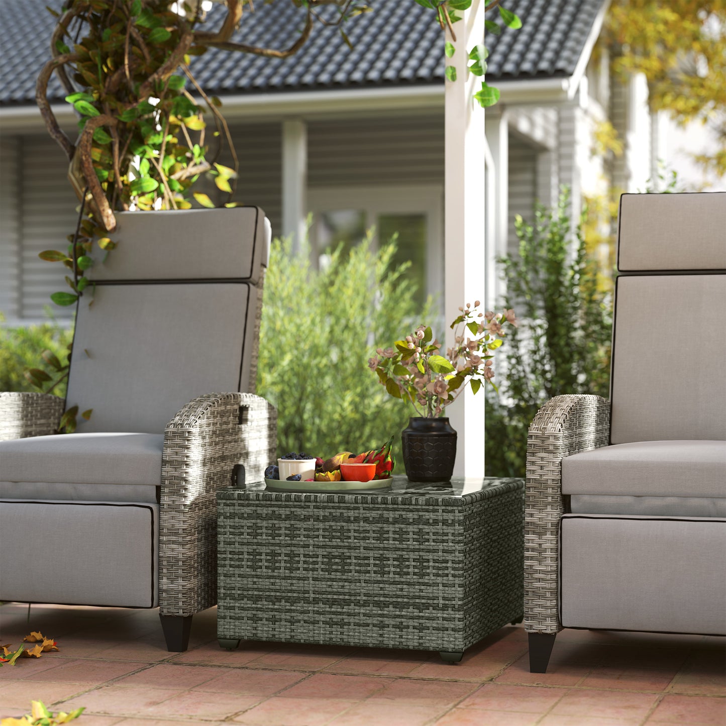 62 x 62cm Glass-Top Rattan Side Table - Light Grey