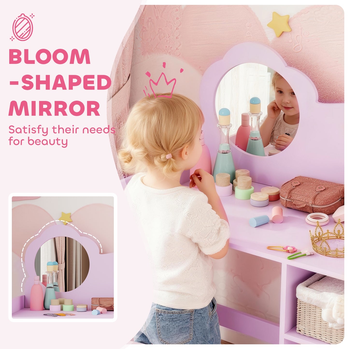 Kids Dressing Table with Mirror, Stool, Kids Vanity Table with Shelves, for Ages 3-8 Years, Purple