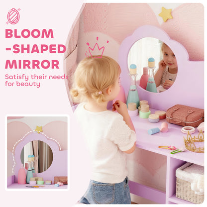 Kids Dressing Table with Mirror, Stool, Kids Vanity Table with Shelves, for Ages 3-8 Years, Purple