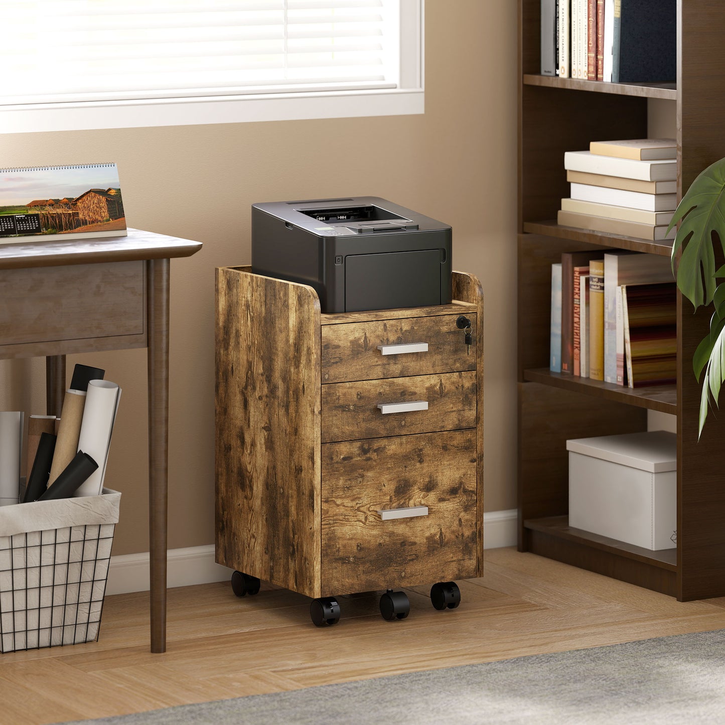 3 Drawer Filing Cabinet with Lock, Rolling File Cabinet with Edged Top for Letter, A4 Size, Hanging File Folders