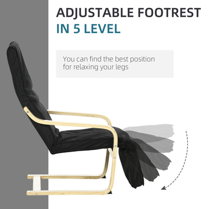 Wooden Armchair, Upholstered Linen Lounge Chair with Adjustable Footrest & Removable Cushion, Poang Chair for Living Room
