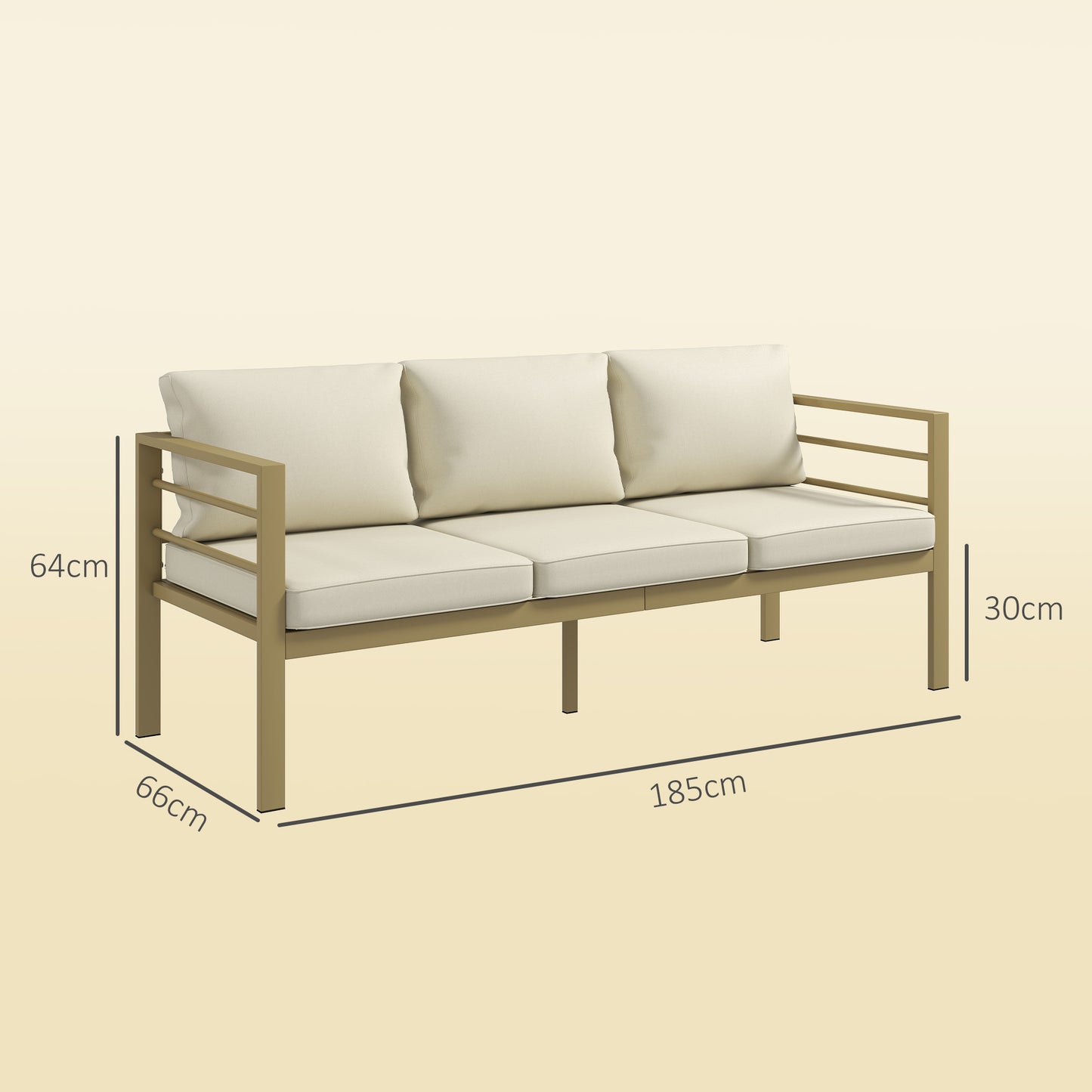 Garden Bench with Cushions, 3-Seater Sofa with Backrest, Armrest and Back Cushions, 185 x 66 x 64cm, Cream White