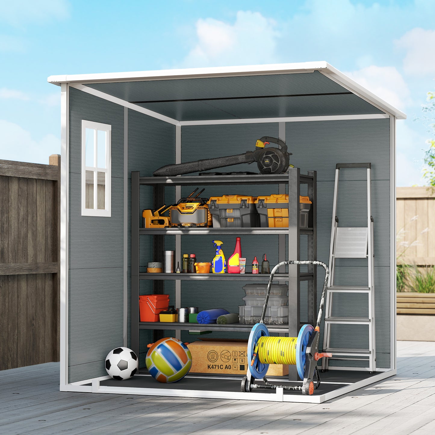 6 x 6 ft Plastic Garden Shed, Wood-Effect Outdoor Storage Shed with Floor, Windows, Lockable Doors and Vents, Grey