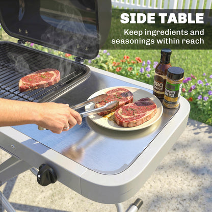 Foldable Gas BBQ Grill with Side Table, Portable Gas Barbecue Grill with Thermometer, Grease Box, Wheels, 2.5 kW, Black