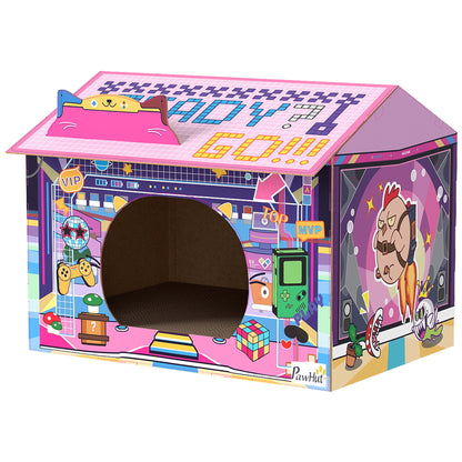 2 in 1 Gaming Style Cardboard Cat House with Scratching Board & Catnip for Indoor Cats, Pink