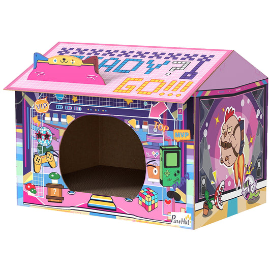 2 in 1 Gaming Style Cardboard Cat House with Scratching Board & Catnip for Indoor Cats, Pink