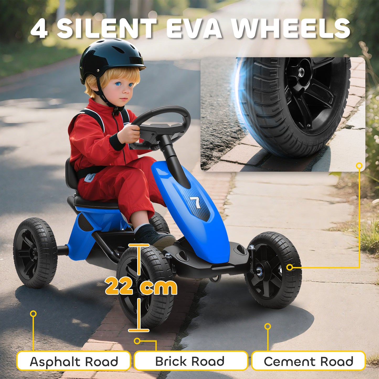 Pedal Go Kart for Kids 2-5 Years, with Silent EVA Wheels, Metal Frame, Blue
