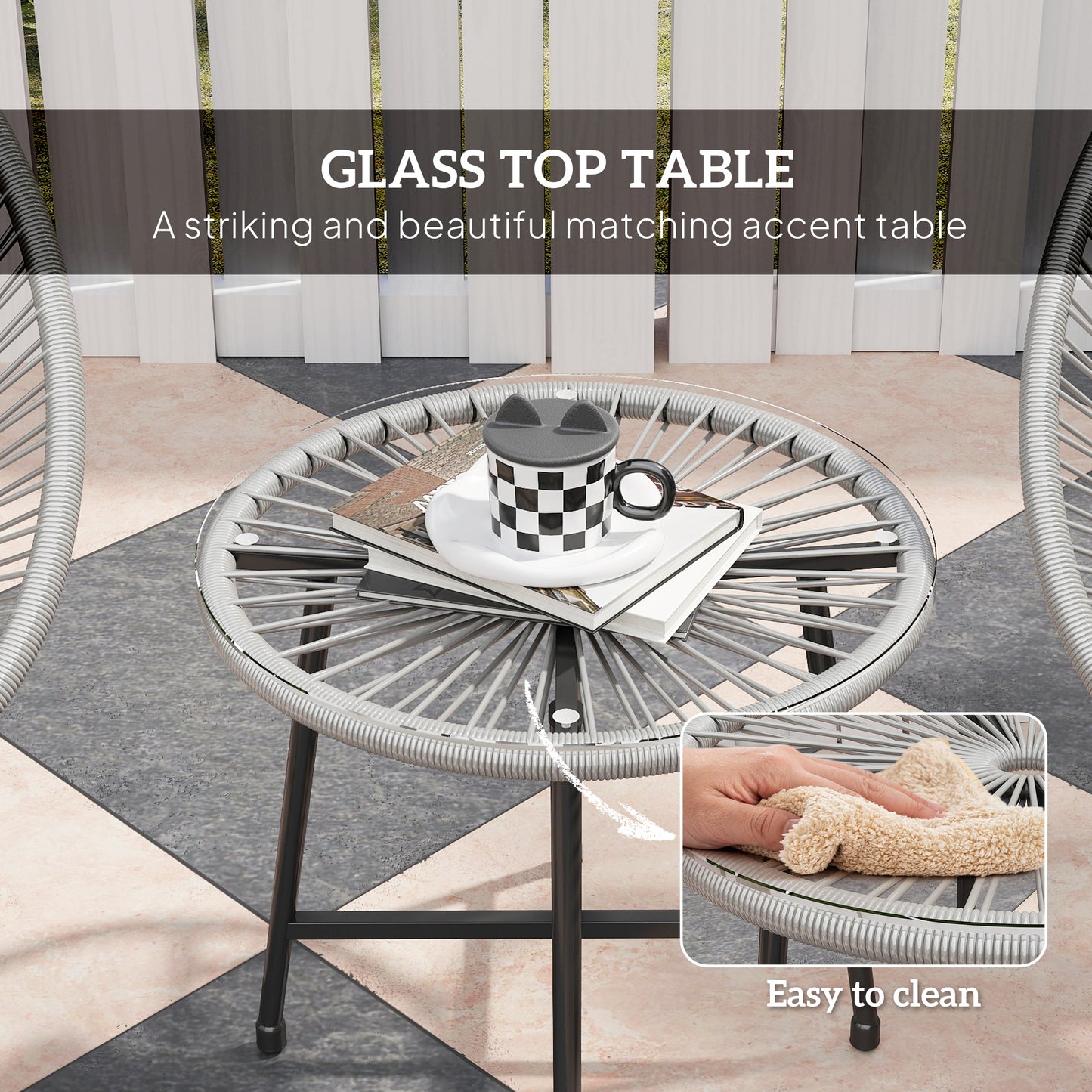 3 Pieces Rattan Bistro Set, Garden Bistro Set with Acapulco Chairs and Glass Top Table