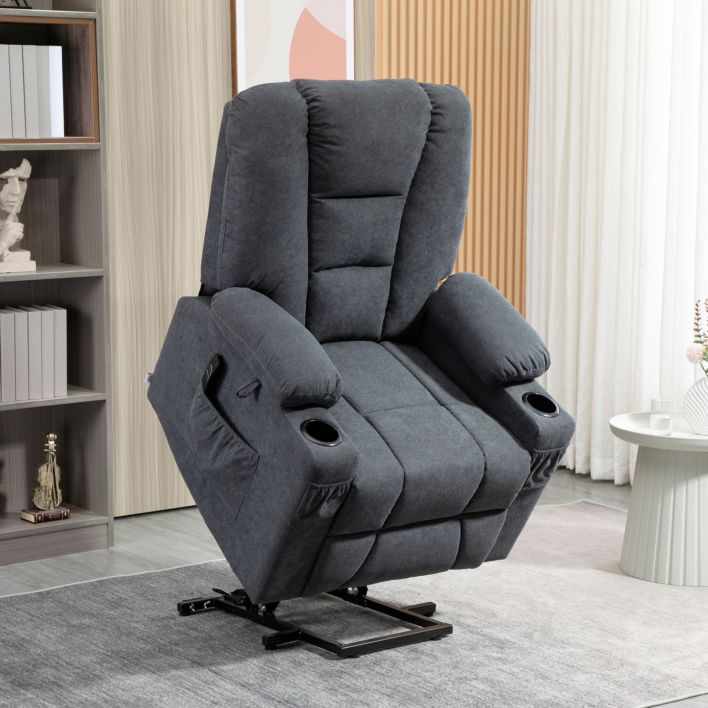 Electric Riser Recliner Armchair， Oversized Chair with Cup Holder & Side Pockets for Elderly in Living Room, Charcoal Grey
