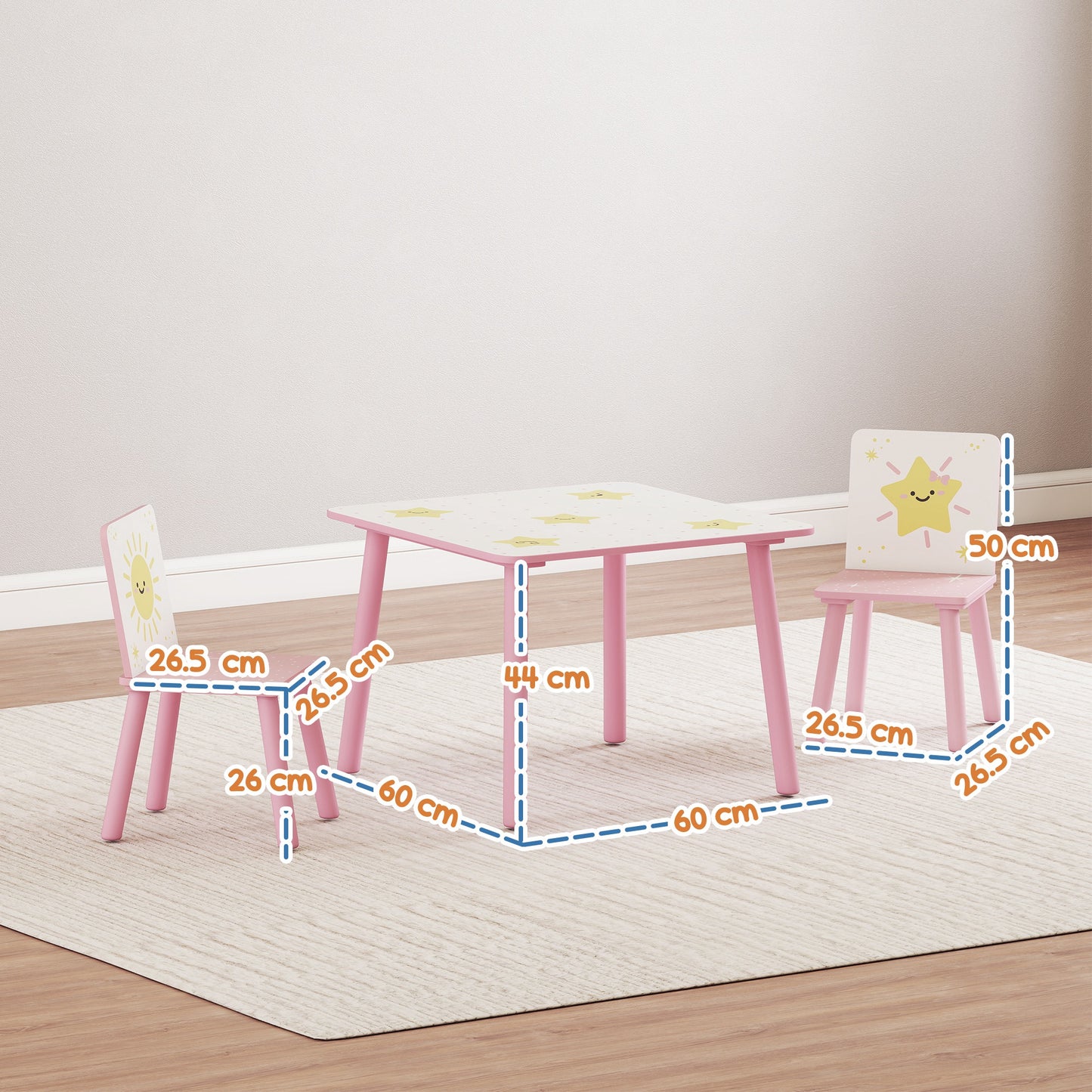 3-Piece Toddler Table and Chair Set, Kids Table with 2 Chairs Set for Bedroom, Nursery, Playroom, Pink