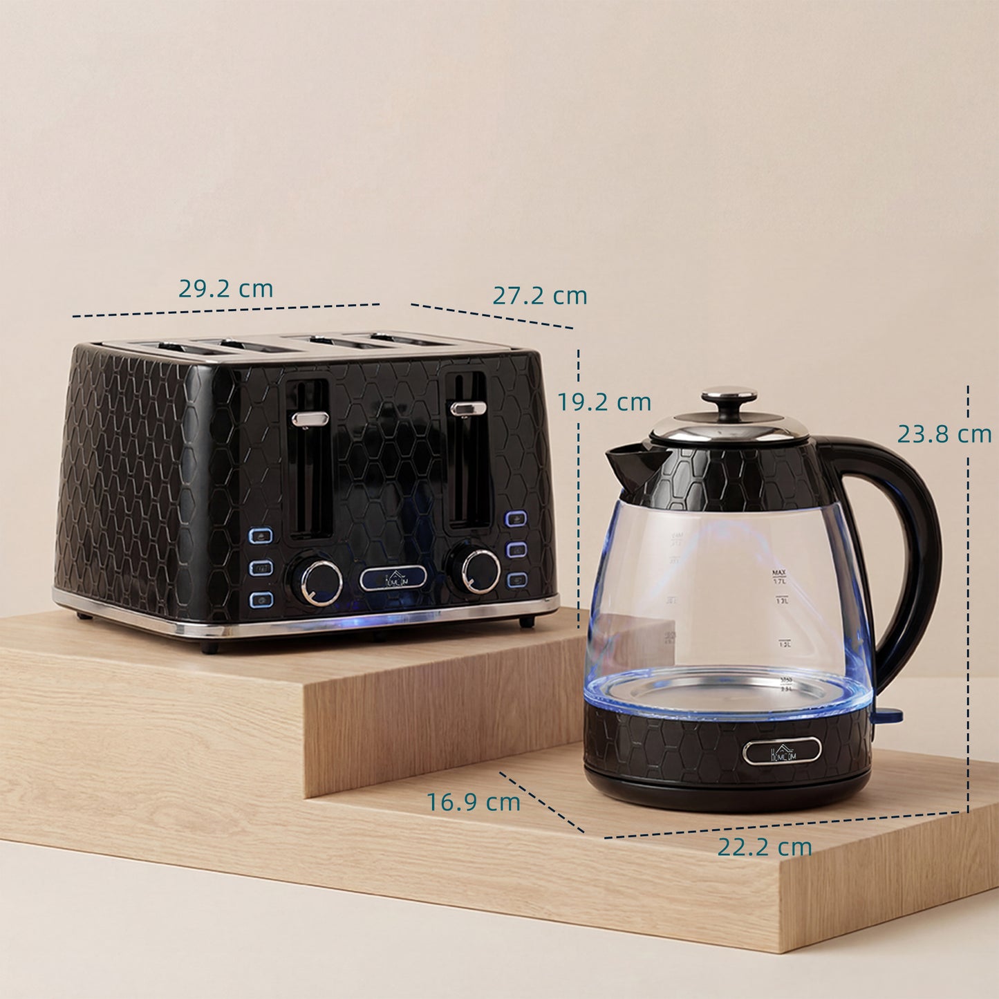 Kettle and Toaster Set, 1.7L 3000W Rapid Kettle with Strix Thermostat, 4 Slice Toaster with 7 Browning Controls, Black