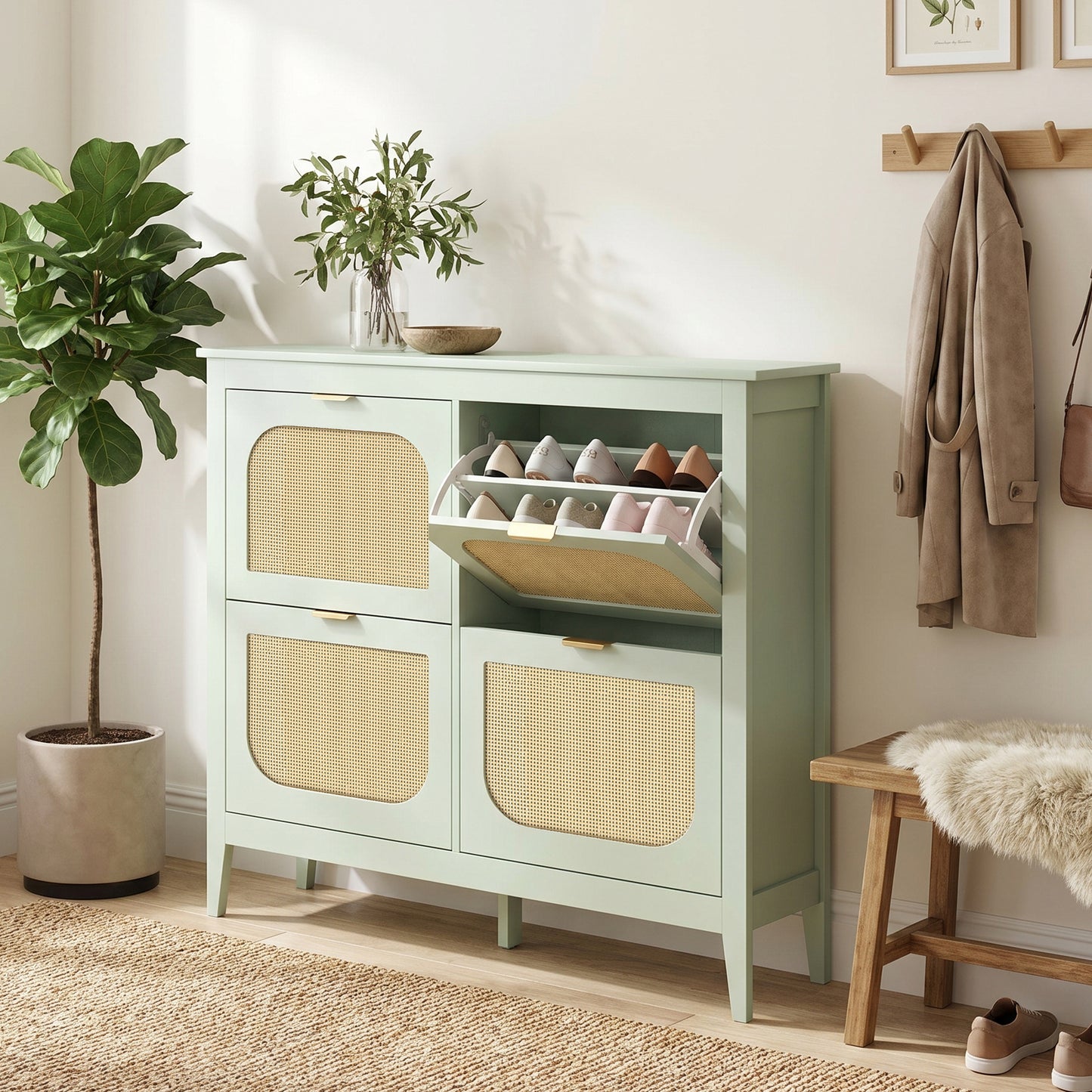 Narrow Shoe Cabinet, Boho Slim Shoe Storage Cabinet with 4 Flip Drawers, Holds 20 Pairs, Light Green